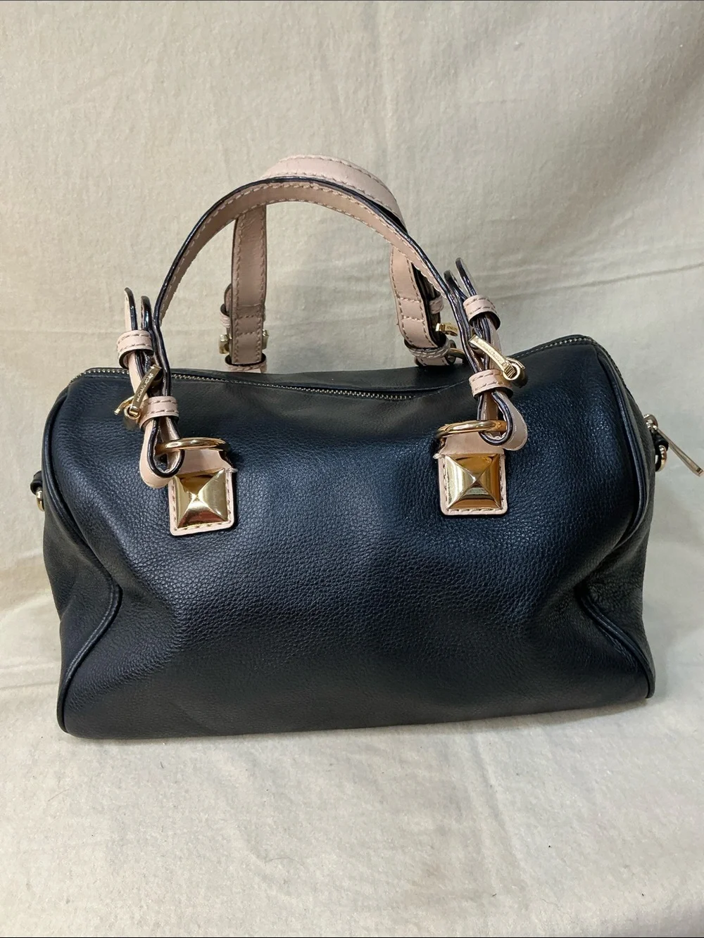 Michael Kors Black Leather Satchel with Blush Trim and Gold Hardware